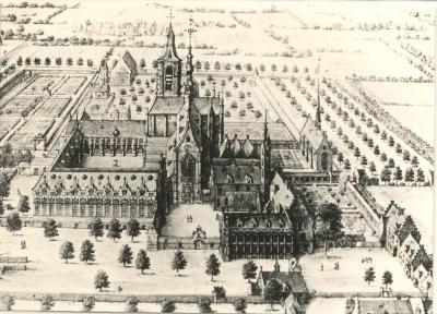 Gravure abdijgebouwen ca. 1650 