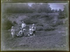 Vijf kinderen in een heidelandschap