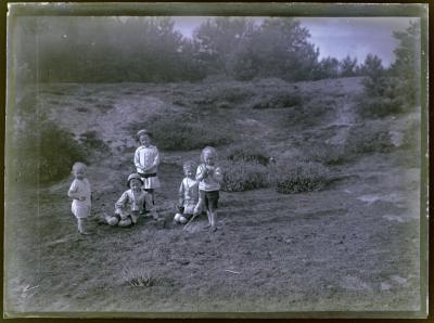 Vijf kinderen in een heidelandschap